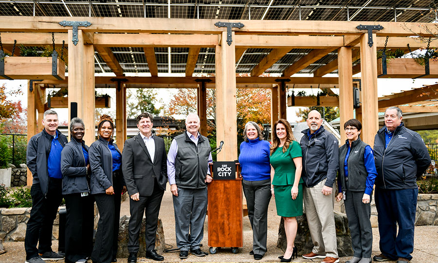 Group shot of dedication for solar panels at Rock City